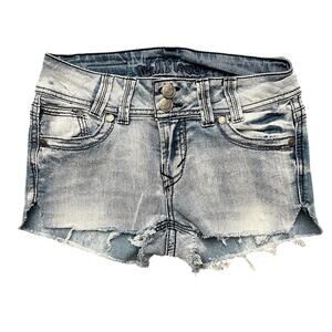 Wallflower Shortie Shorts Size 5 Low Rise Stretch Distressed Blue Denim Cut Off